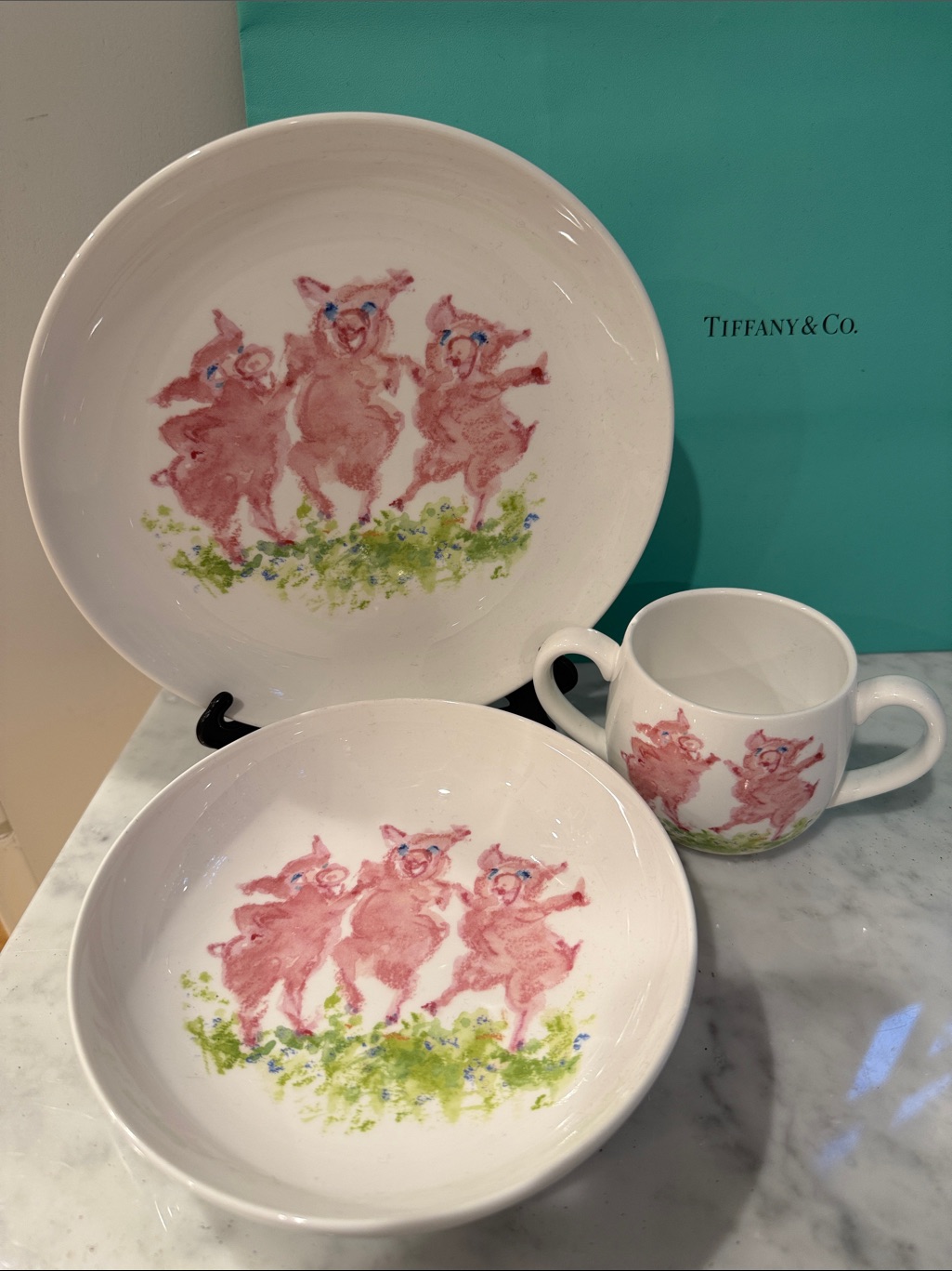 Tiffany & Co. Dancing Pigs Baby 3 Piece Dish Set *Fabulous Gift!*